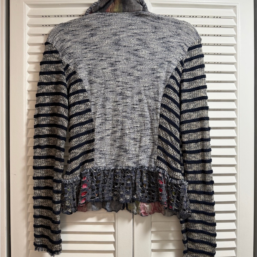 Alberto Makali  Navy Tweed Cardigan With Ruffle - Picture 2 of 6